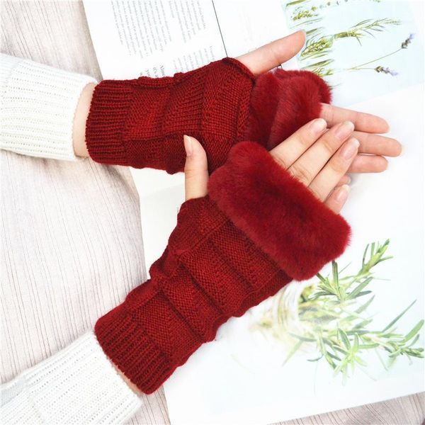 Cinco dedos Guantes Invierno Femenino Sin dedos Sin Pompom Faux Fur Muñeca Mitones Punto Patchwork Guantes Felpa Handschoenen1