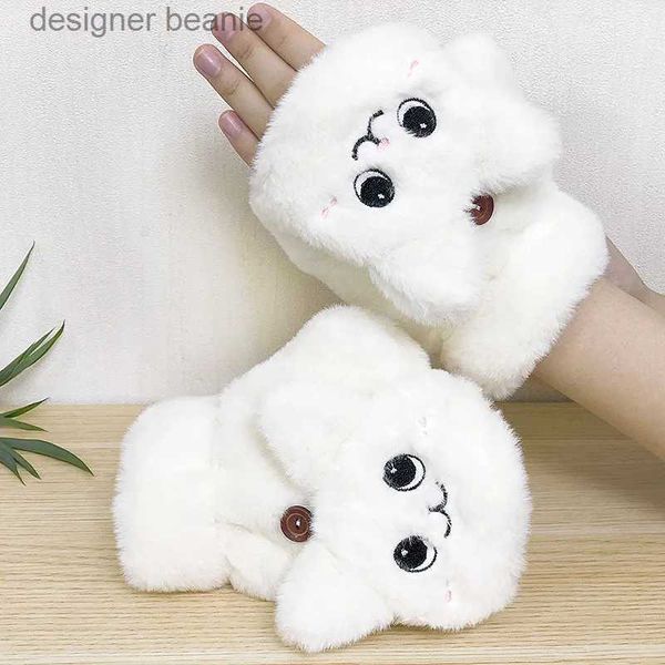 Cinq doigts gants hiver fourrure lapin chat mitaines femmes peluche chaud g flip sans doigts gs doux filles travail épais gs flexible demi-doigtl231103