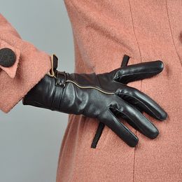 Cinq doigts gants hiver véritable gant en cuir marque en peau de mouton chaud couleur unie femme réel mouton dame mode fête WSR170 230925