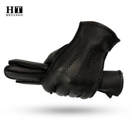 Five Fingers Gloves winter heren lederen handschoenen met de hand gestikt hertenleer warm slijtvast zwart golfpatroon Koudebestendige wanten 70% wollen voering 231208