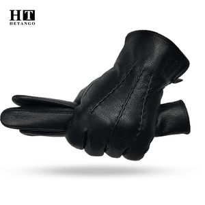 Cinq doigts gants hiver gants en cuir pour hommes chaud doux noir couture conception mitaines gants en peau de daim imiter doublure en laine 230822