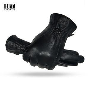 Five Fingers Gants d'hiver Gants en cuir pour hommes chauds et doux en peau de daim noire Design plissé à l'extérieur Gants de conduite Mitaines Doublure en laine 230210