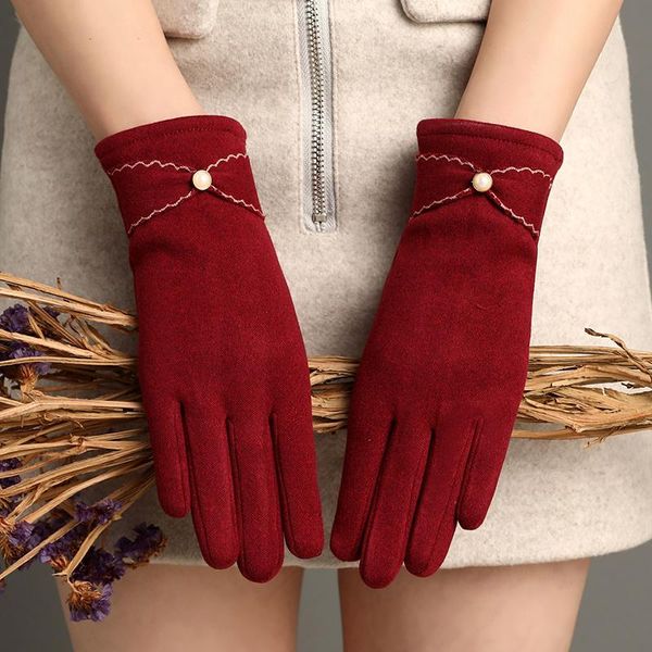 Cinq doigts gants hiver plus velours plein doigt écran tactile conduite femmes couleur unie arc perle épaissir extérieur équitation mitaines chaudes S4