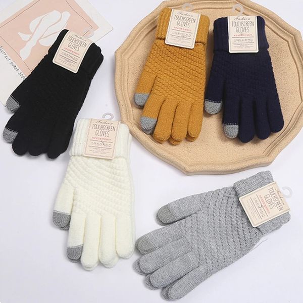 Cinco dedos Guantes Invierno Pantalla táctil Mujeres Hombres Cálido Estiramiento Punto Mittens Imitación Lana Dedo completo Guantes Mujer Crochet Luvas Espesar 231204