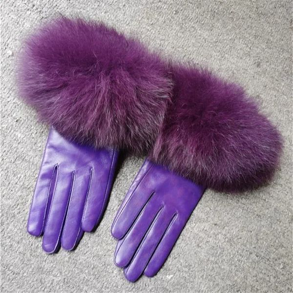 Cinq doigts Gants hiver velours doublé en cuir véritable femmes Gants vraie fourrure dame en peau de mouton Gants Femme 231115