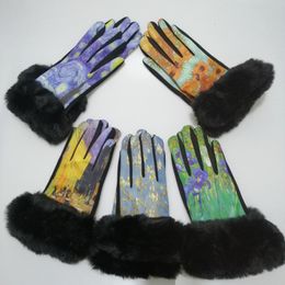 Cinq doigts gants hiver chaud fausse fourrure femmes gants impression numérique Van Gogh peinture à l'huile gant de danse écran tactile mitaines de cyclisme doigt complet 230712