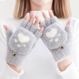 Cinq doigts gants hiver chaud doux fourrure tricot mitaines femmes Flip demi-doigt en peluche épais mignon dessin animé chat griffe écran tactile conduite I1