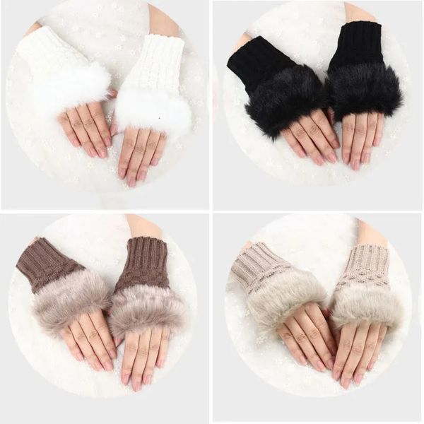 Guantes de cinco dedos Guantes de invierno para mujer Guantes más cálidos con estilo Tejido de lana sintética Manopla Sin dedos Guantes de piel de conejo Brazo Muñeca Gants Femme Regalo 231006