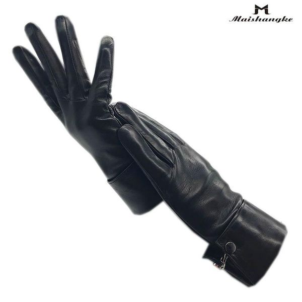 Guantes de cinco dedos, guantes de cuero de moda para muñeca de invierno para mujer, piel de oveja negra, cálido Po para conducir y montar motocicletas, aleta