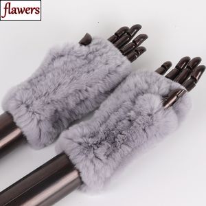 Cinq doigts gants femmes 100% réel véritable tricoté Rex fourrure de lapin mitaines hiver chaud dame vraie fourrure gants sans doigts à la main tricot fourrure mitaine 230306