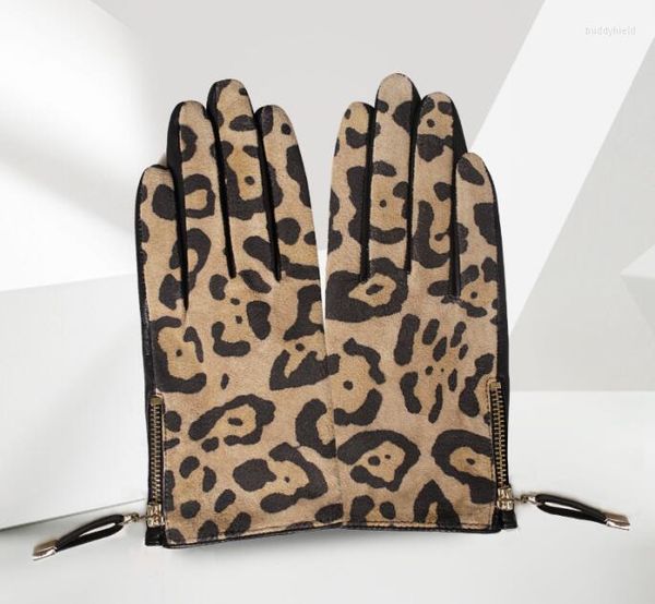 Cinco dedos Guantes Mujer Natural Piel de oveja Cuero Leopardo Estampado Guante de conducción Moda de dama Genuino Gamuza Cremallera Motocicleta R617