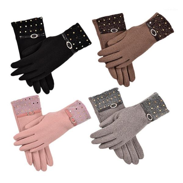 Cinco dedos Guantes de los guantes Mujeres Velvet de imitación de otoño e invierno Mantenga la pantalla táctil caliente delgada Femenina de estilo elegante S0021