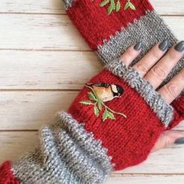 Vijf vingers handschoenen vrouwen herfst wintervogel geborduurd gebreide vingerloze kleurblokkenmitten