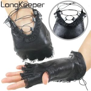 Cinq doigts gants femmes noir demi-doigt gants en cuir véritable sexy dentelle gant sans doigts filles mode mitaines dames danse luvas 231016