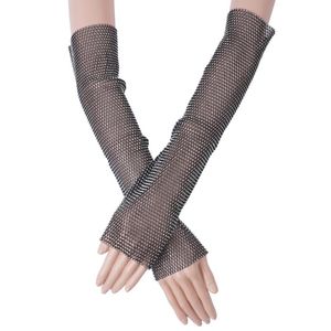 Cinq doigts gants femmes évider trous Sexy paillettes strass manches Punk Goth dames Disco danse Costume sans doigts maille résille