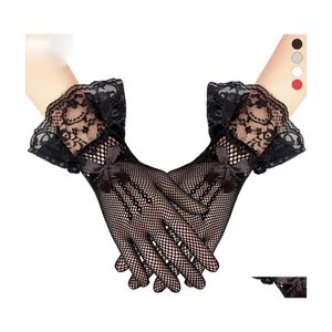 Cinco dedos Guantes Mujeres Lady Mesh Fishnet Sexy Lace Bowknot Muñeca Verano Sunsn Conducción Noche Fiesta Chicas Guante Negro Blanco Gota Otyo4