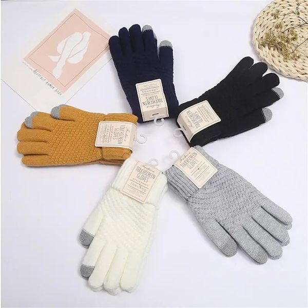 Cinco dedos Guantes Mujeres Hombres Cálido Invierno Pantalla táctil Estiramiento Punto Mittens Lana Dedo completo Guantes Mujer Crochet Guante 231205