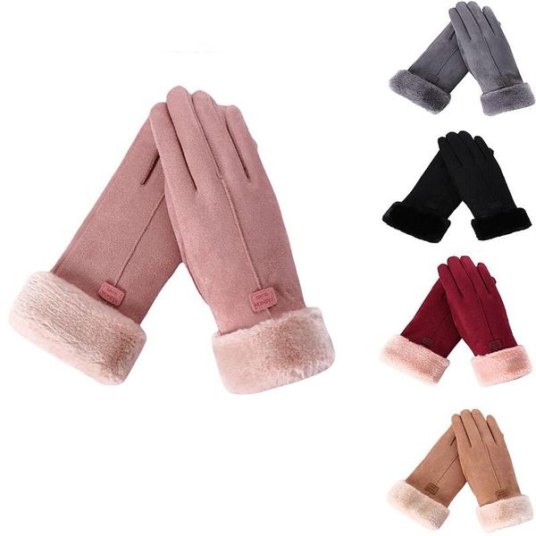 Guantes de cinco dedos Mujeres Hombres Invierno Térmico Cálido Piel de oveja suave Manopla de pantalla táctil