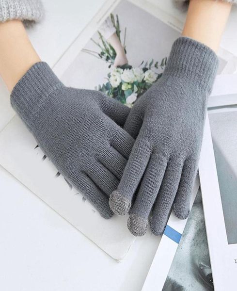 Cinq doigts gants femmes hommes hiver chauds tricotés en plein doigt femelle en laine solide tactile mitaines cyclistes épais conduisant 8594473
