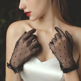 Vijf vingers handschoenen dames etiquette mesh handschoenen transparante stip tule vis nethandschoenen bowtie full vinger handschoenen elastische tule bruidshandschoenen 230512