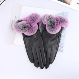 Cinq doigts gants femmes véritable peau de mouton en cuir automne hiver chaud rex fourrure de lapin garniture poignets gants mitaines 231216