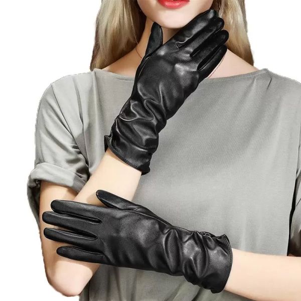 Guantes de cinco dedos de piel de oveja genuina para mujer elegantes 28cm de largo de dedo completo femenino más mitones de terciopelo S2435