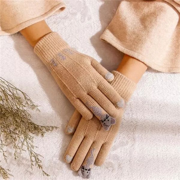 Cinco dedos Guantes de punto para mujer Invierno Cálido Pantalla táctil gruesa Mittens sólidos para teléfono móvil Tablet Pad Pareja Guante de alta calidad