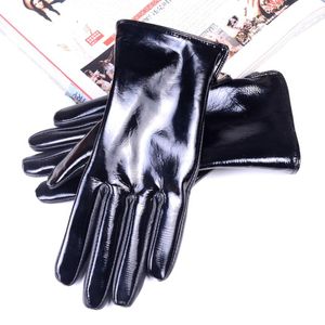 Vijf vingers handschoenen dames dames echt octrooi leer glanzende zwarte wollen voering winter warm touchscreen kort