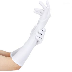 Vijf Vingers Handschoenen Vrouwen Sexy Party Lange Zwart Wit Satijn Vinger Wanten Mode Dames Prom Versieren Guantes Largos Para Mujer269e