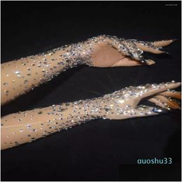 Cinq doigts Gants Femmes Sparkly Crystal Mesh Long Danseur Chanteur Discothèque Danse Spectacle Accessoires Luxueux Stretch Rhineston Dhhvp