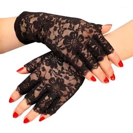 Cinq doigts gants femmes été sexy noir creux dentelle crème solaire respirant mince demi-doigt décoration de bal étiquette pole dance2791