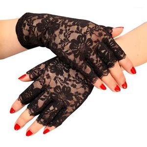 Cinco dedos Guantes Mujeres Verano Sexy Black Hollow Lace Protector solar Transpirable Fino Medio Dedo Decoración de fiesta Etiqueta Pole Dance263p