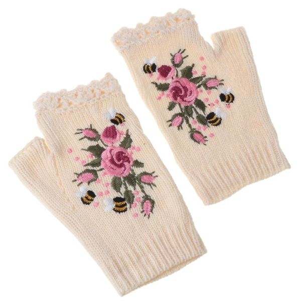 Cinq doigts gants femmes hiver Crochet tricoté sans doigts doux coloré Floral abeille broderie trou de pouce SMS mitaines bras extensible