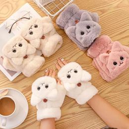 Cinq doigts gants femmes hiver fourrure mitaines sans doigts en peluche chaud mignon oreilles de chat flip épais pour fille flexible demi doigt308n