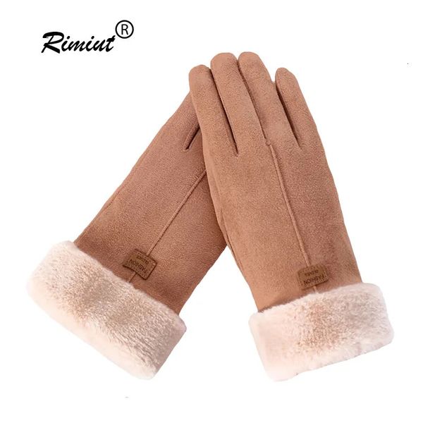 Cinco dedos Guantes Mujeres Invierno Grueso Felpa Cuero Moda Cálido Esquí Al Aire Libre Señora Elegante Casual Pantalla Táctil 231205