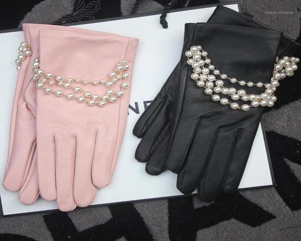 Cinco dedos Guantes de guantes039s Decoración de perlas de cuero real Corto Fino Warm Plus Velvet Elegante Black Pink 14913290