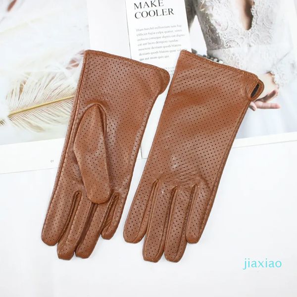 Guantes de cinco dedos para mujer, guantes de piel de oveja, diseño de malla completa a la moda, guantes de conducción de cuero con forro de seda transpirable fresco