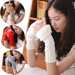 Cinq doigts gants laine tricoté hiver épais chaud mitaines sans doigts femme élégant doux confortable peluche imitation fur229v