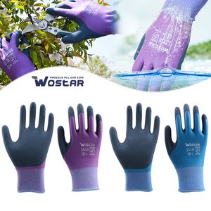 Vijf vingers handschoenen werken Paarse polyester grijze latex handschoen Wostar beschermend voor werktuin duurzame niet -slip waterdichte tuinieren 230816