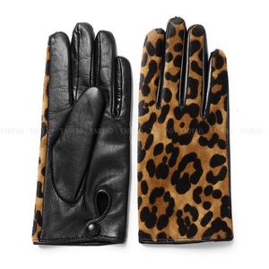 Guantes de cinco dedos YY5388 Novedad Mujer Guantes de cuero genuino con estampado de leopardo Señoras Corto Invierno Lana Forrada Grueso Luvas Botton Guantes cálidos Mujer 231115