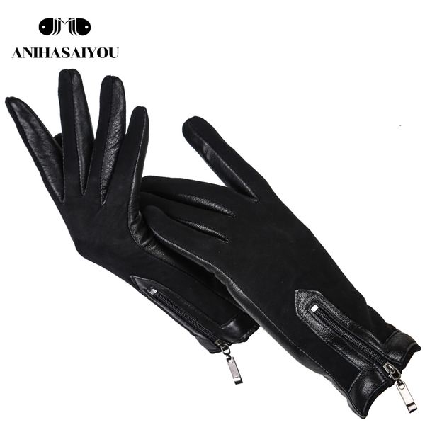 Guantes de cinco dedos Guantes cortos de cuero con cremallera para mujer Guantes de invierno de piel de oveja de alto grado Guantes negros de cuero mate para mujer - 0716 230210