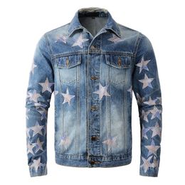 Chaqueta vaquera con parches de cinco estrellas para hombre, ropa de calle ajustada y rasgada, abrigos de béisbol de manga larga, abrigos azules para motociclista