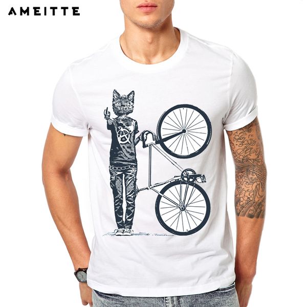 Fixie Fixe Gear Bicycle Cycling Cat Punk Rider T-shirt Nouveau Summer Men Short Manneve Funny Bike Sport Blanc Casual Boy Tees Tops