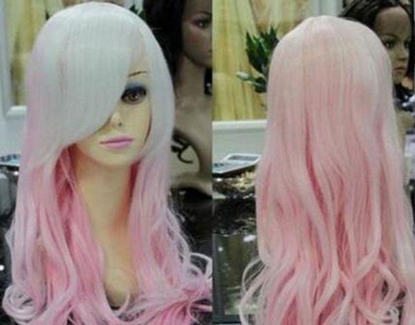 FIXSF418 Nueva peluca de pelo cosplay rizada rosada mezcla blanca caliente larga Pelucas para mujer peluca