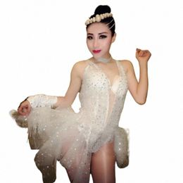 Fl Diamd Bodysuit Witte Mesh Rok Vrouwen Gogo Dans Kostuum Bar Nachtclub Rave Outfit Sexy Pole Party Dres XS6371 c4Gc #