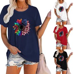 Drapeau des États-Unis T-shirt Independence Day T-shirt European Women's Loose Top Independence Day Women's Short Sleeve Large Flag Sunflower