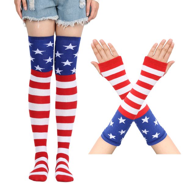 Drapeau Étoile Rayé Bras Manches Pouce Gants Manches Genou Haut Bas Ensemble pour Cosplay Noël Mitaines Extensibles Gants Chaussettes