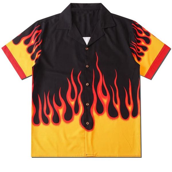 Chemise imprimée flamme hommes été Vintage Streetwear Style hawaïen manches courtes Hip Hop Harajuku chemises mode Skateboard Couple Wear M220y