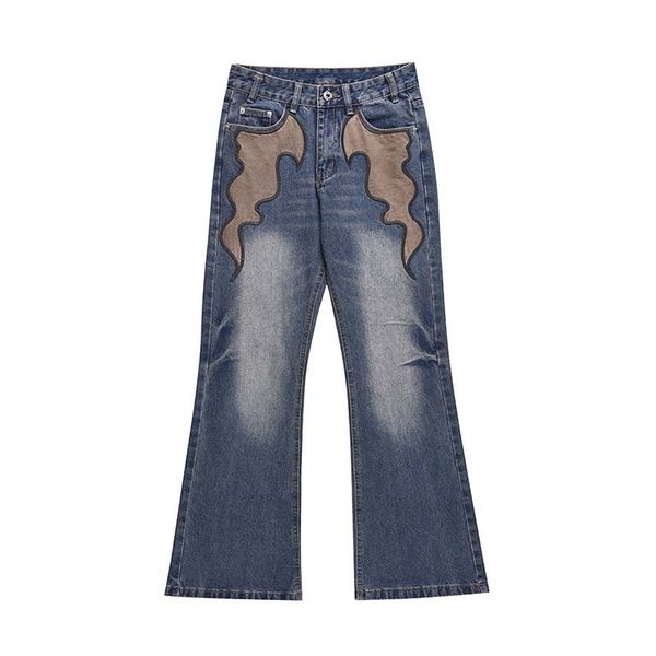 High Street American Flame Patch Micro Horn Design Jeans pour hommes Street Hip Hop Couleur Contraste Splicing Pantalon décontracté 210427
