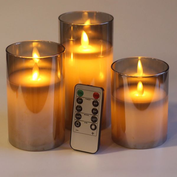 Bougies sans flamme D 3 x H 4 5 6 Piliers de cire réels en verre Méliez la mèche de flamme LED et 10KEY Remote Control 240412